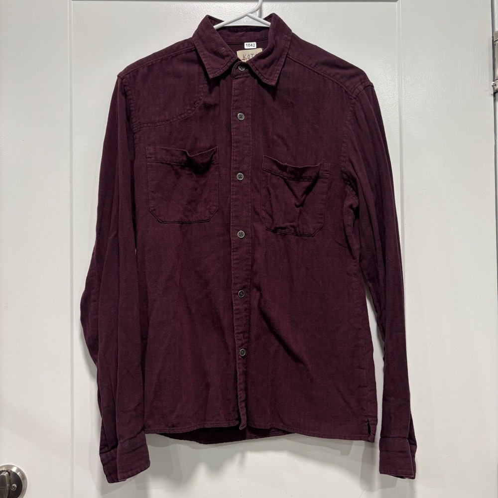 Koto Mens Small Burgundy Herringbone Long Sleeve Button Down Shirt Maroon Pocket